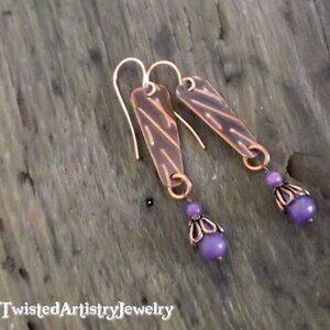 Purple Jade and Copper Freeform Inverted Triangle Earrings